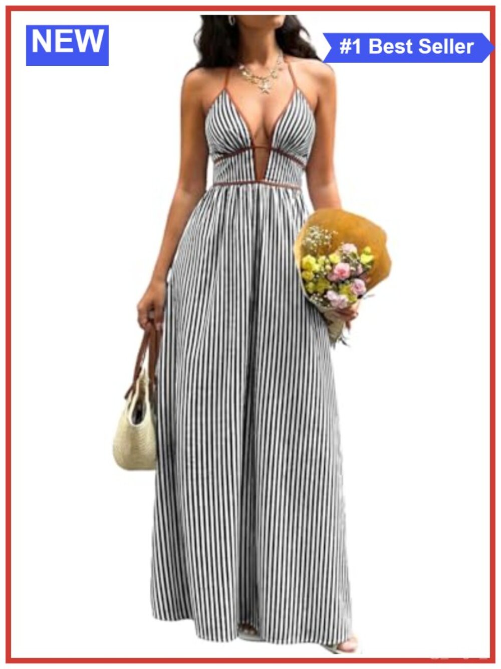 Striped Halter Maxi Dress Deep V Neck Backless Sundress Flowy A-Line Beach